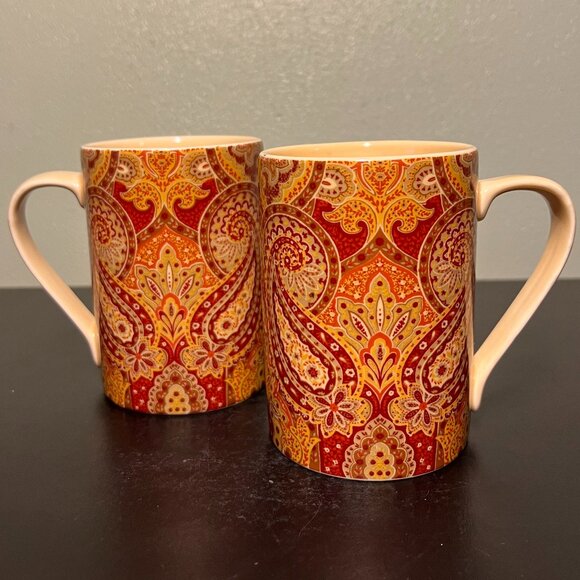 Pair of 222 Fifth SPICE ROAD Paisley Pattern Fine China Porcelain Cups Mugs - Picture 2 of 9